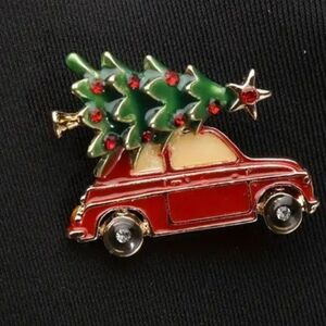 Brooch Car with Christmas tree on top red car